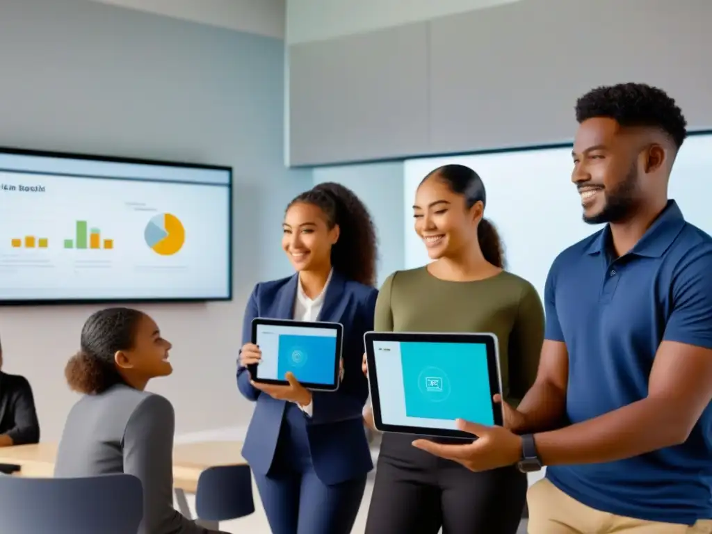 Un aula futurista con estudiantes diversos colaborando en actividades educativas usando tecnología IoT