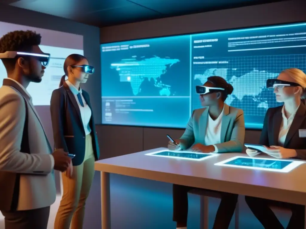 Un aula futurista en Uruguay con estudiantes interactuando con contenido holográfico a través de lentes de Realidad Aumentada en Educación Uruguay