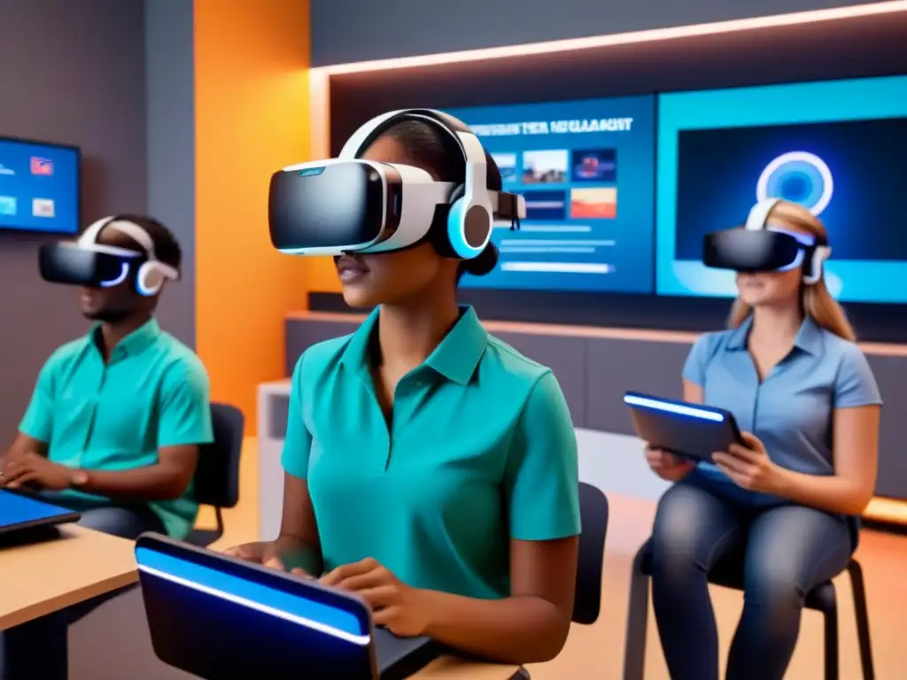 Un aula futurista con estudiantes inmersos en tecnología de realidad virtual