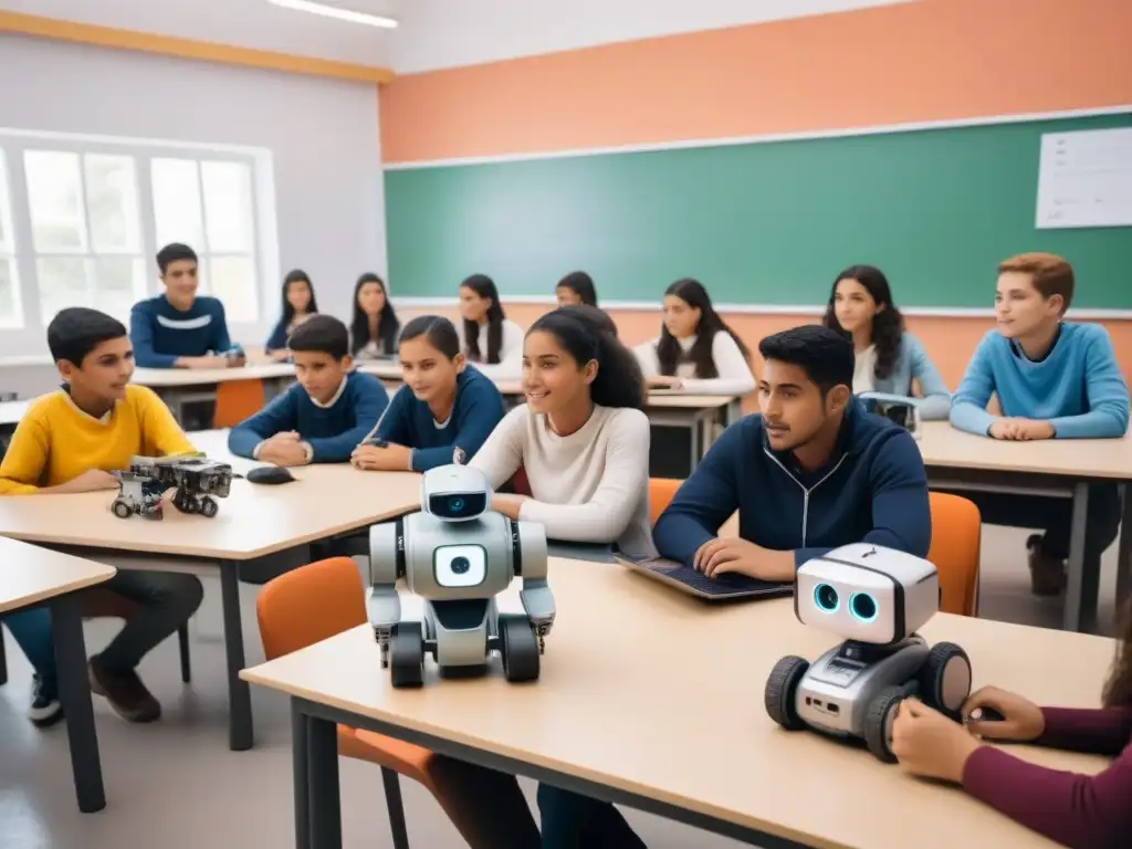 Un aula futurista en Uruguay con estudiantes y robots, reflejando la robótica educativa en Uruguay