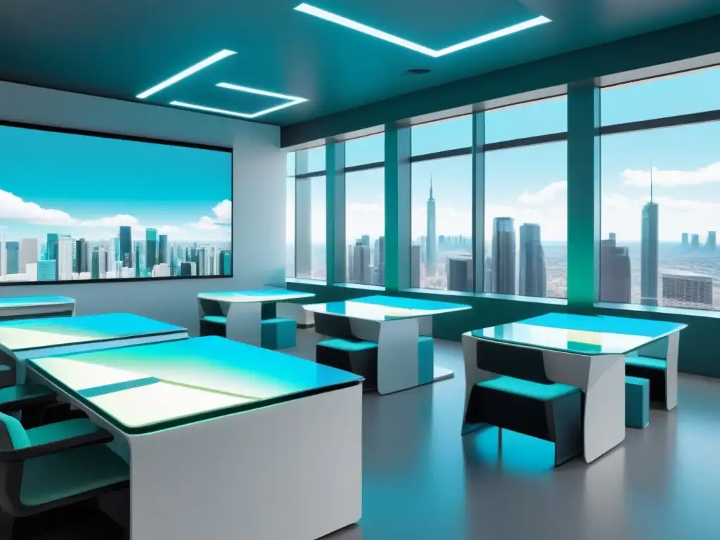 Aula del futuro con hologramas y realidad aumentada Un aula futurista con hologramas educativos, formas geométricas flotantes y auriculares de realidad virtual