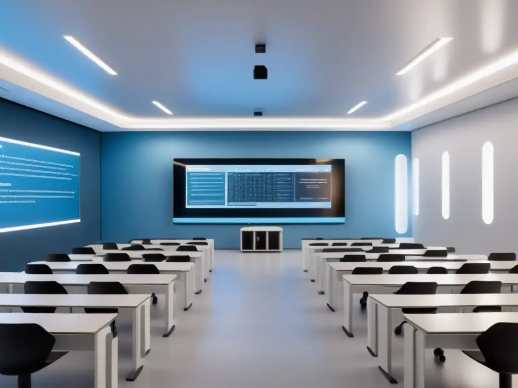 Aula futurista en Uruguay con Inteligencia Artificial en educación, tecnología avanzada y diseño minimalista en tonos azules y blancos