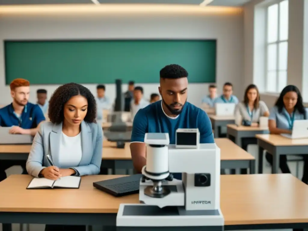 Inversión en educación STEM Uruguay: Estudiantes colaboran en aula futurista con microscopios, laptops y kits de robótica