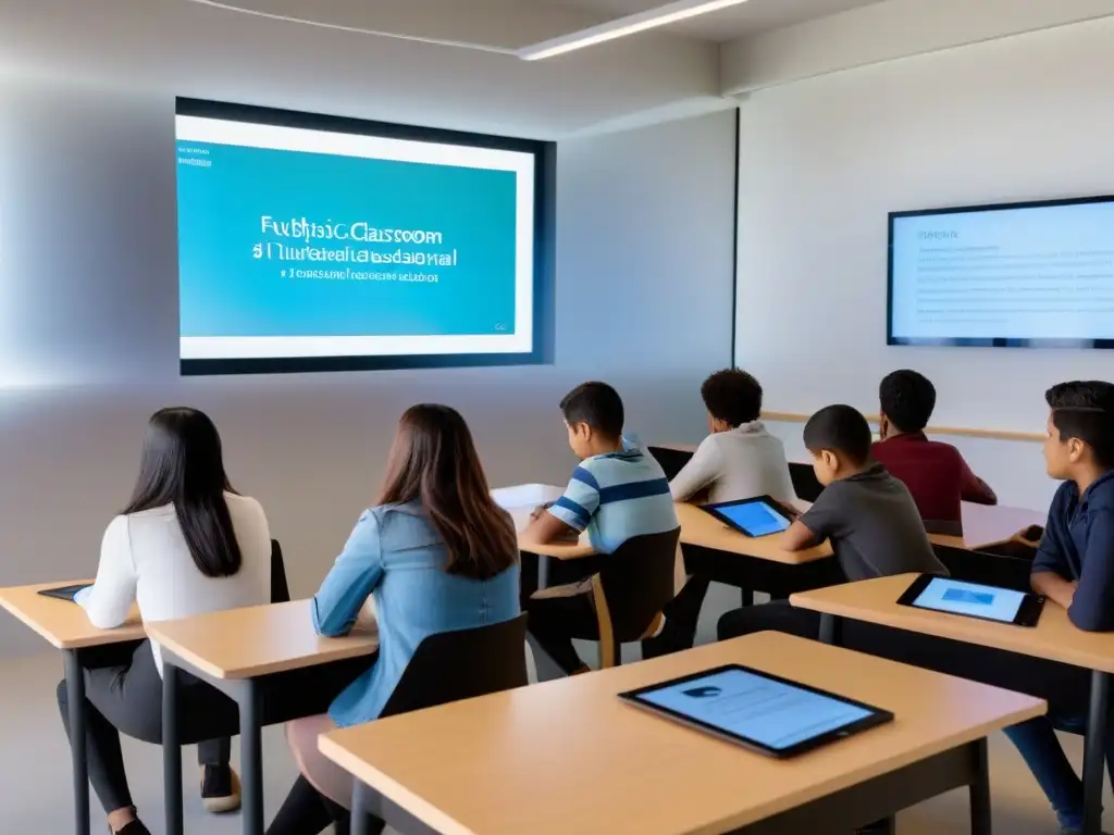 Un aula futurista en Uruguay con software educativo open source en pantallas transparentes, alumnos diversos y ambiente innovador