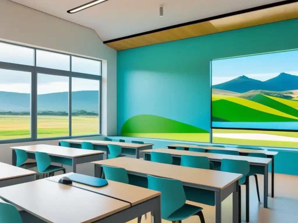 Aula futurista en Uruguay con tecnología AdTech, estudiantes y paisaje, tendencias educación Uruguay AdTech