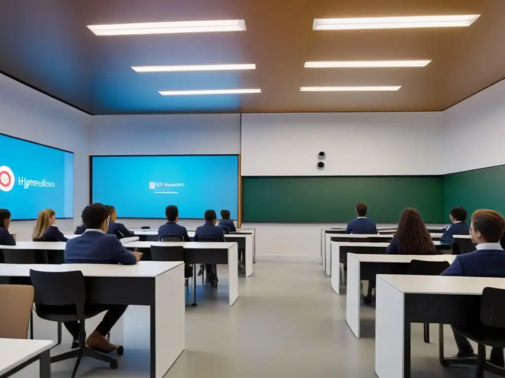 Un aula futurista en Uruguay con tecnología avanzada y estudiantes colaborativos