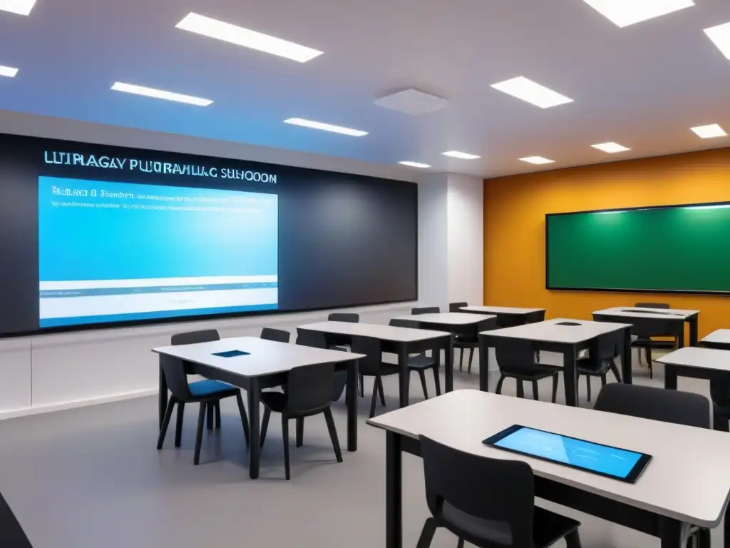 Una aula futurista en Uruguay, con tecnología avanzada y elementos tradicionales, promoviendo la educación bilingüe en Uruguay competitividad