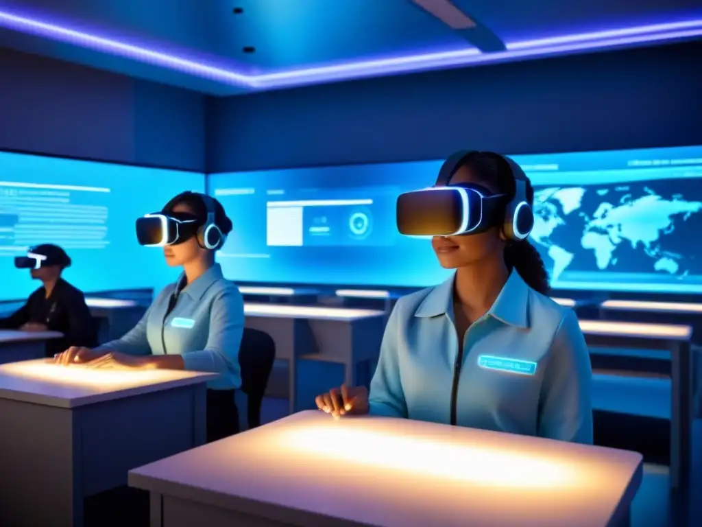 Aula futurista con tecnología educativa en Uruguay: estudiantes usan auriculares de realidad virtual en entorno digital innovador