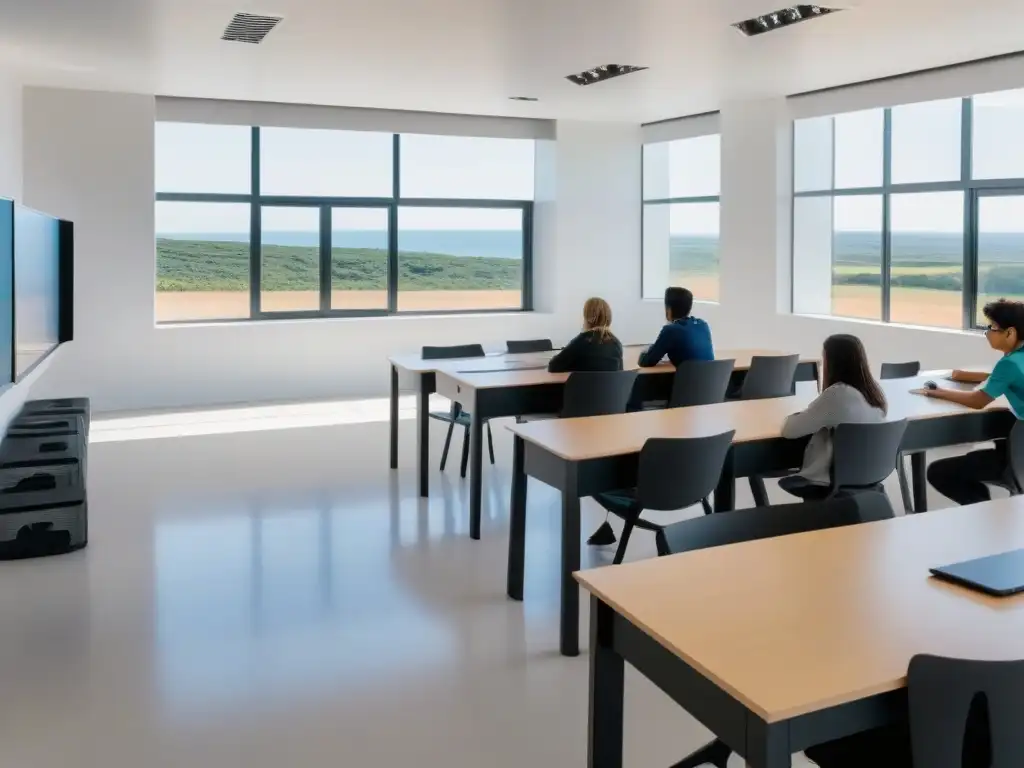 Un aula futurista en Uruguay con tecnología en metodologías de enseñanza, estudiantes de diversas edades y fondos inmersos en lecciones de idiomas