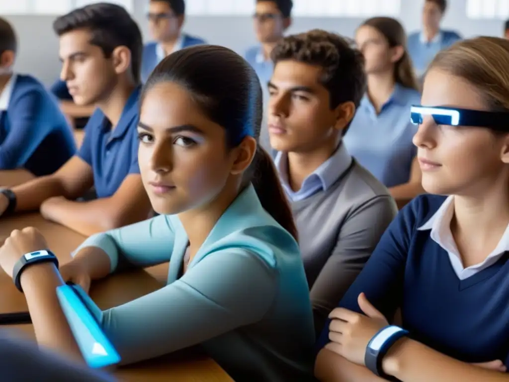 Un aula futurista en Uruguay con tecnología wearable en educación, estudiantes usando dispositivos holográficos