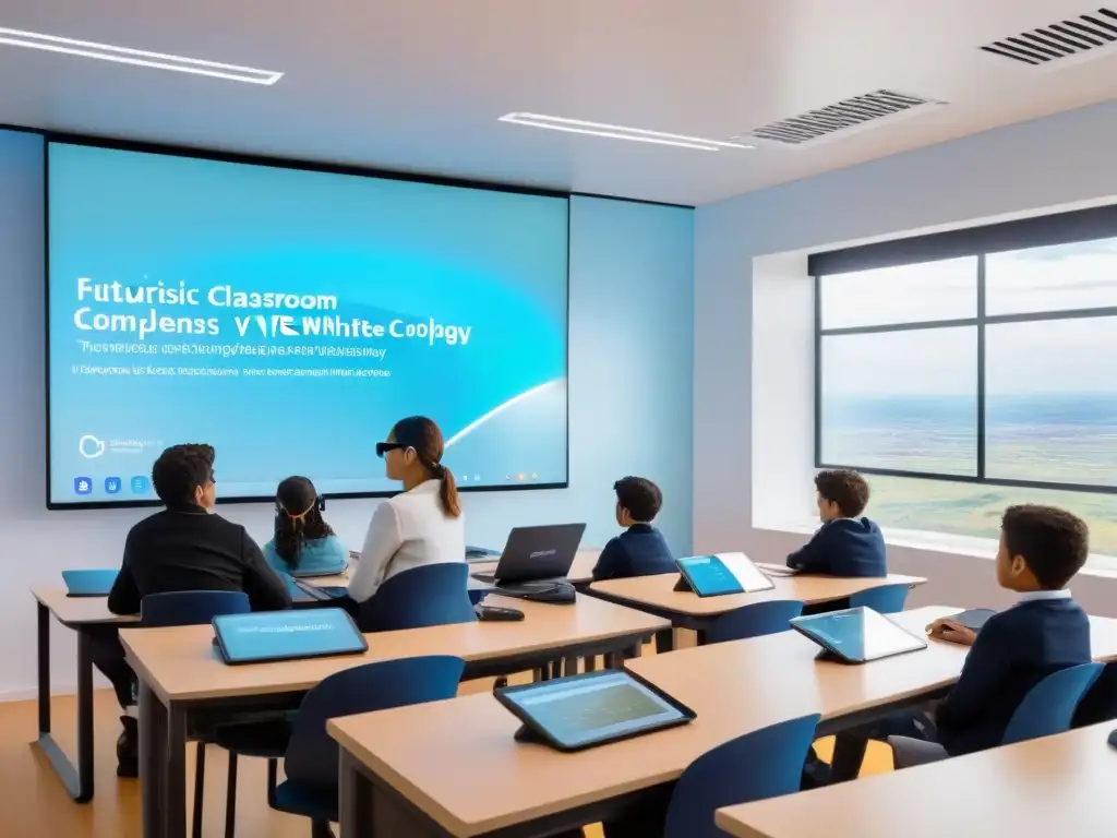 Aula futurista en Uruguay con tecnologías educativas: pizarras interactivas, realidad virtual, hologramas y vista urbana