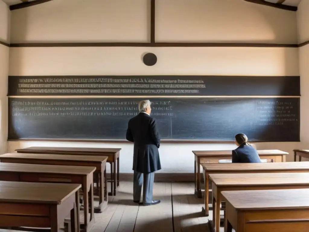 Aula histórica en Uruguay del siglo XIX con la Ley educación pública Uruguay 1877