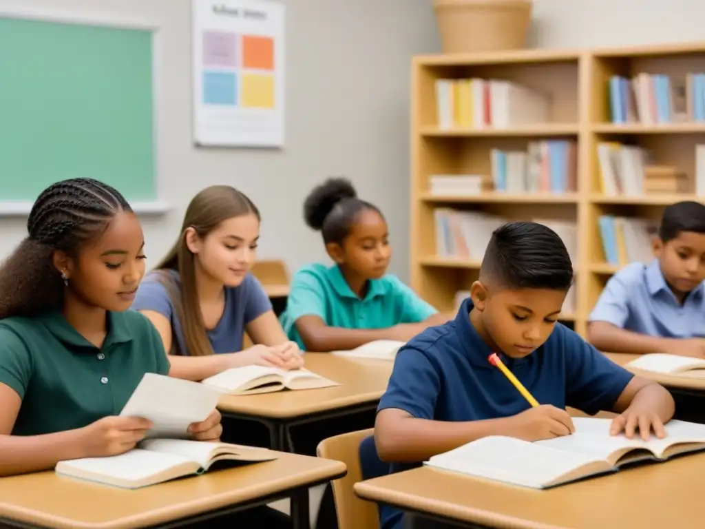 Un aula iluminada con estudiantes diversos colaborando y aprendiendo juntos