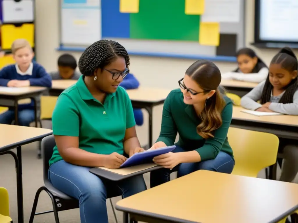 Aula inclusiva con adaptaciones curriculares para inclusión personalizada, apoyo individualizado y colaboración en grupos