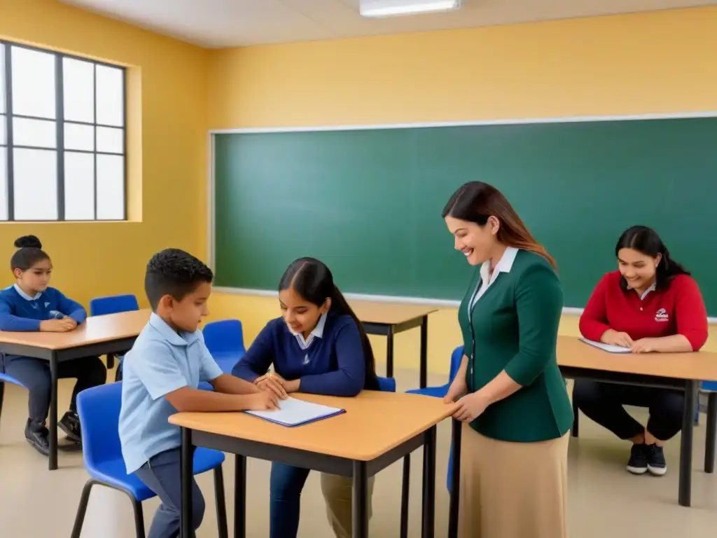 Un aula inclusiva en Uruguay con alumnos colaborando en actividades grupales, destacando la diversidad y las estrategias inclusivas educativas