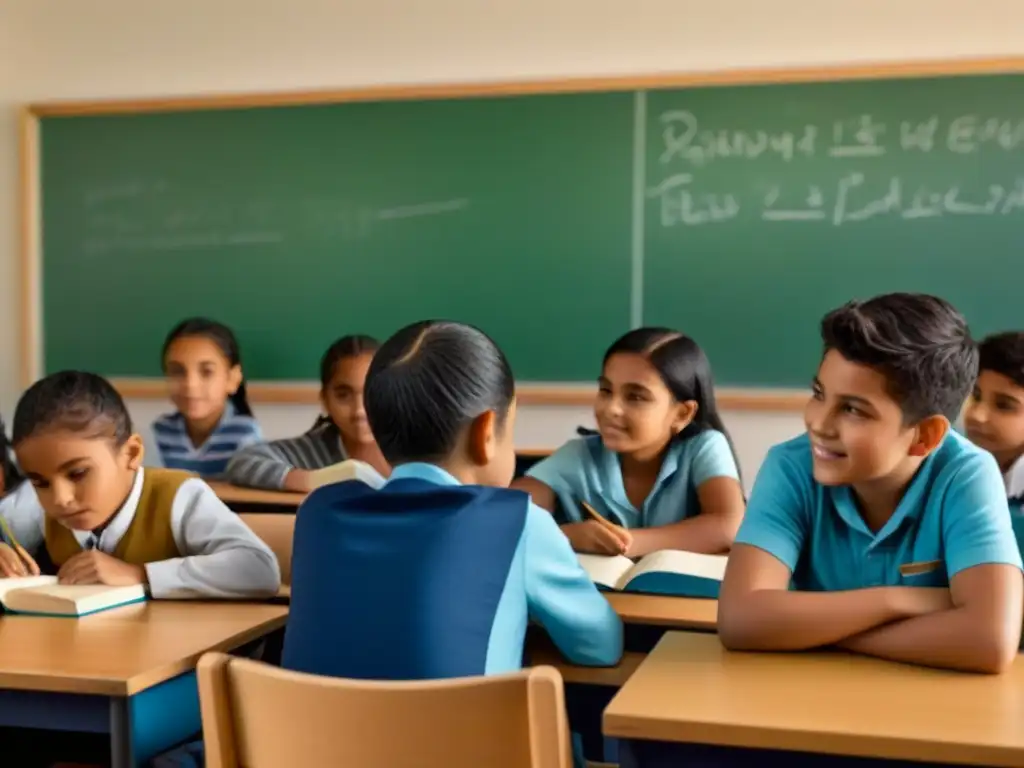 Un aula inclusiva con alumnos de diversas edades y etnias, libros y tabletas