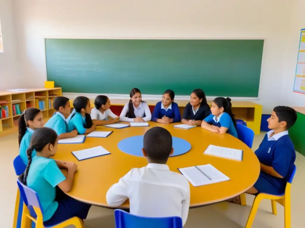 Aula inclusiva en Uruguay: estudiantes diversos colaborando en armonía en un ambiente minimalista y acogedor