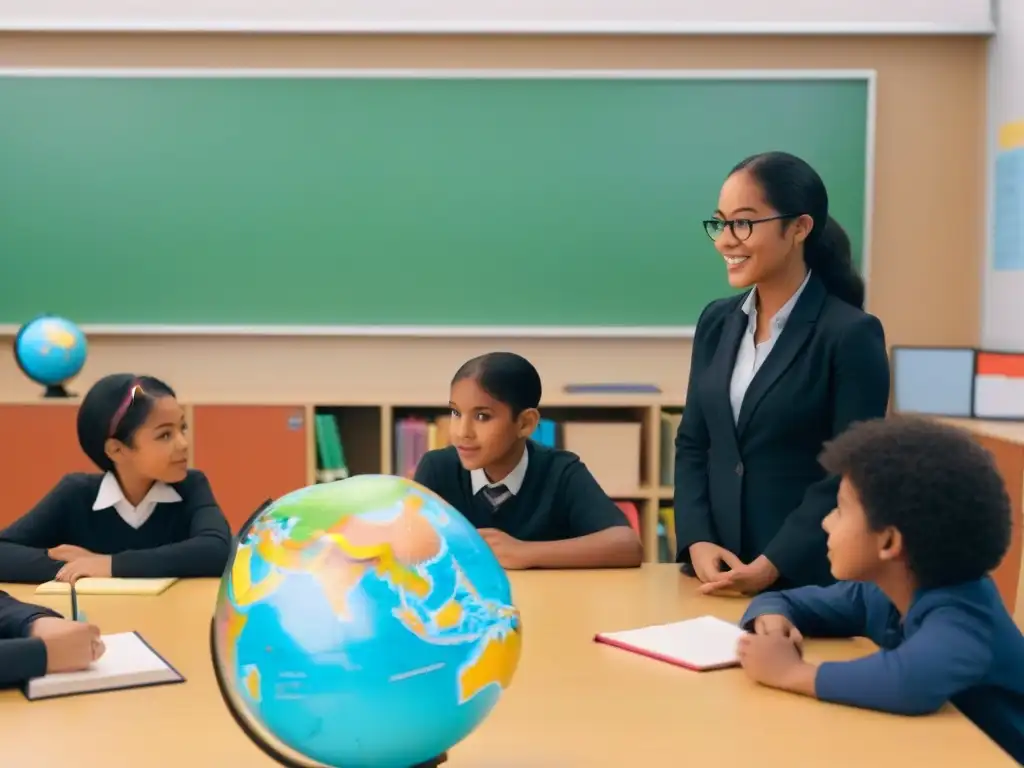 Un aula inclusiva y dinámica con estudiantes diversos discutiendo, siguiendo la Ley General Educación Uruguay 2008