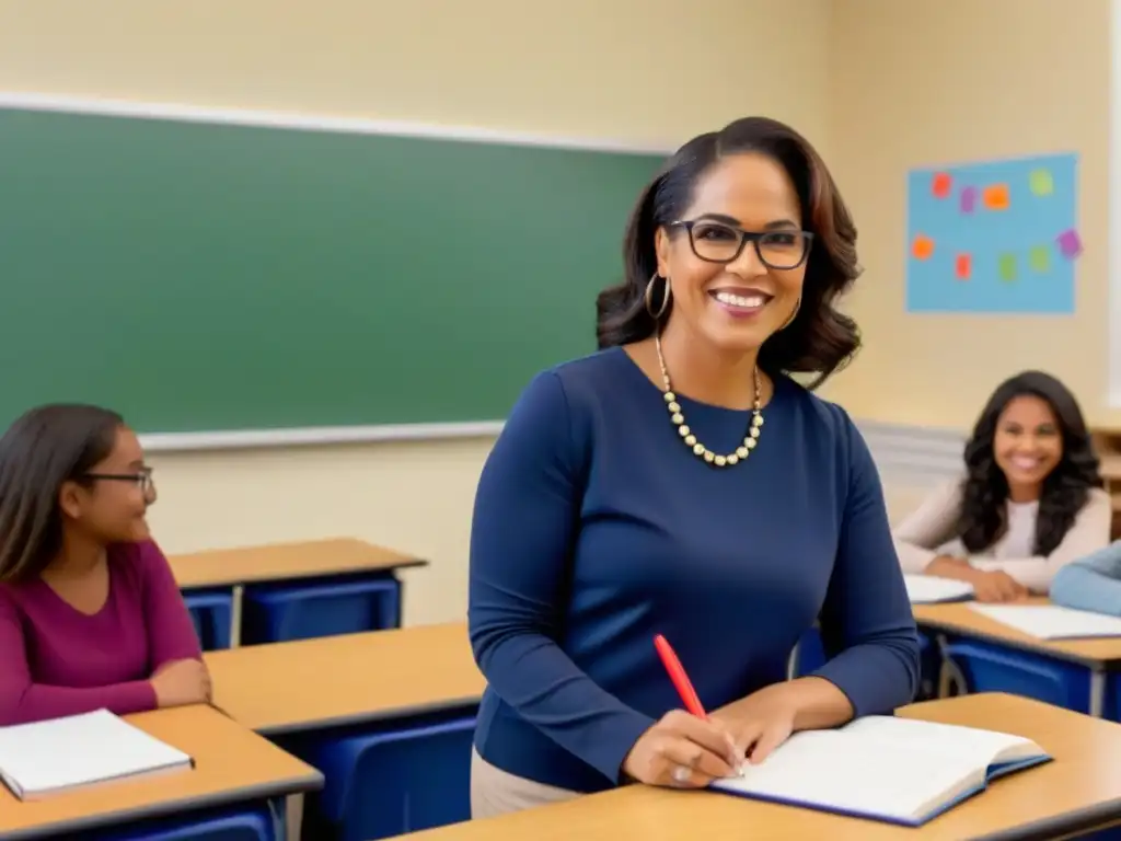 Clase inclusiva: maestra y alumnos diversos aprendiendo juntos Una aula inclusiva y diversa con una docente hispana enseñando
