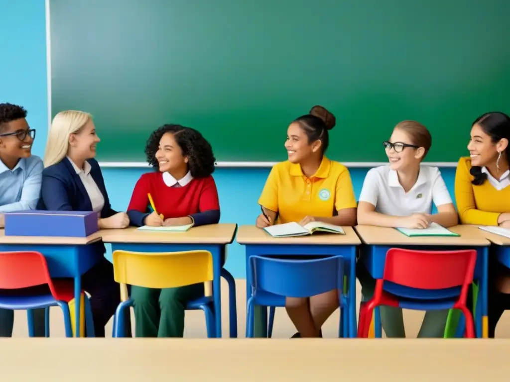 Un aula inclusiva y diversa con estudiantes colaborando en actividad de aprendizaje