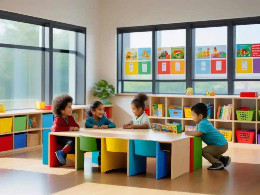 Un aula inclusiva y diversa con niños felices en actividades educativas, reflejando la influencia internacional en la educación preescolar en Uruguay