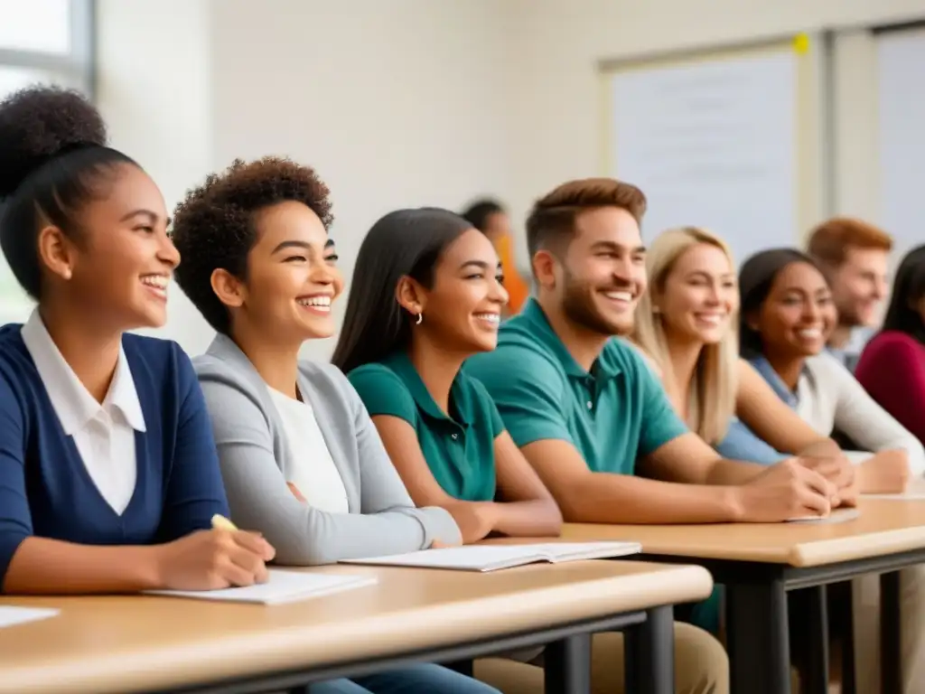 Un aula inclusiva en Uruguay: estudiantes de diferentes edades y etnias sonríen, colaboran y aprenden juntos en un ambiente armonioso