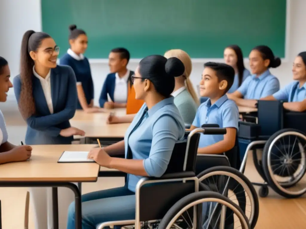 Un aula inclusiva en Uruguay: estudiantes de diversas edades y etnias participan activamente en una lección, mostrando diversidad y unidad