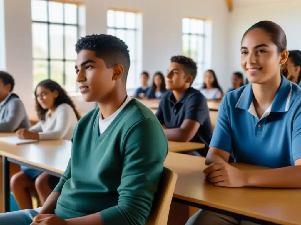 Un aula inclusiva en Uruguay con estudiantes diversos participando en actividades colaborativas