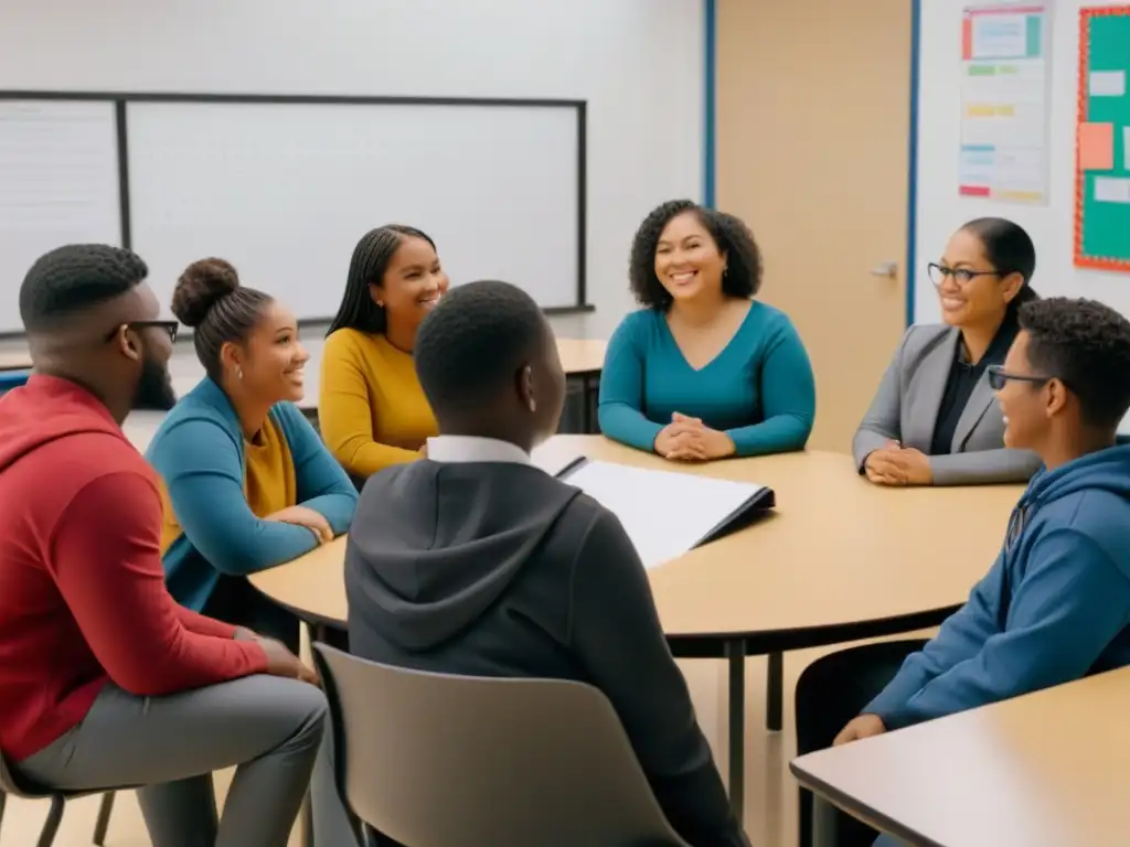 Un aula inclusiva con estudiantes diversos participando en una animada discusión, usando métodos de enseñanza inclusivos en Uruguay