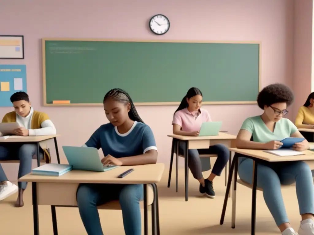 Un aula inclusiva con estudiantes diversos concentrados en aprendizaje digital y materiales educativos