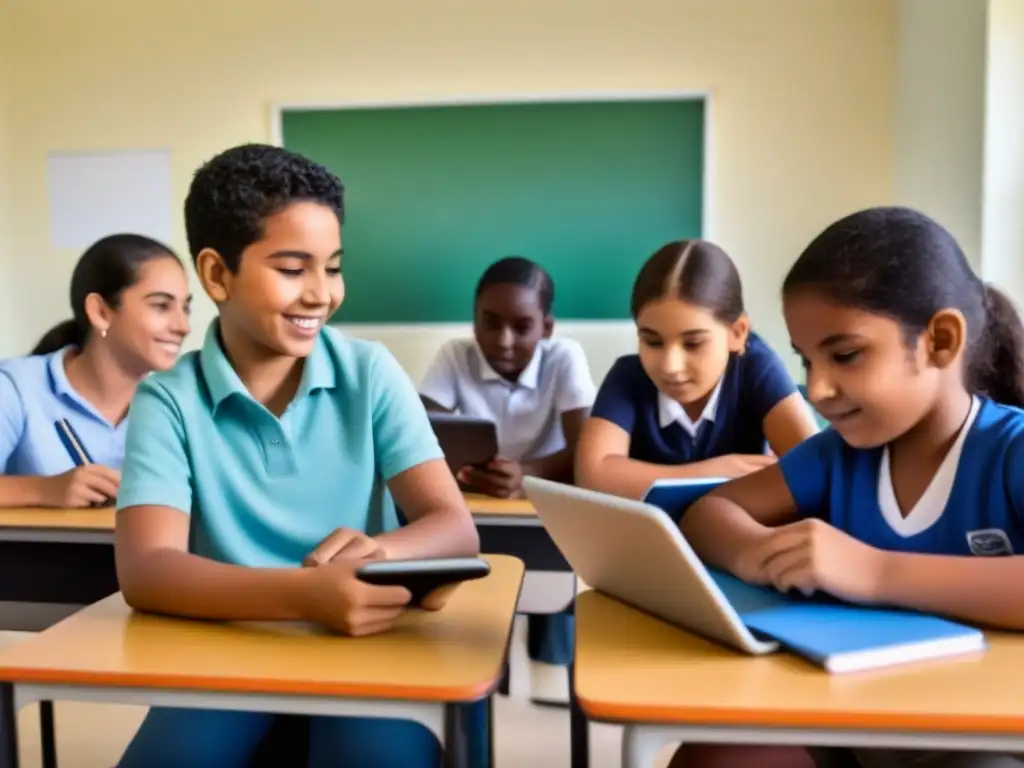 Un aula inclusiva con estudiantes de diversas etnias y géneros en Uruguay, usando tecnología moderna