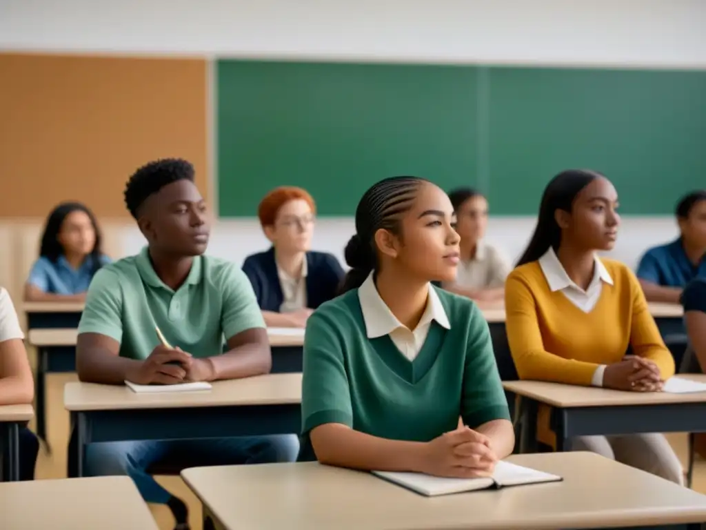 Un aula inclusiva con estudiantes de diversas etnias y habilidades colaborando en un ambiente armonioso y de aprendizaje