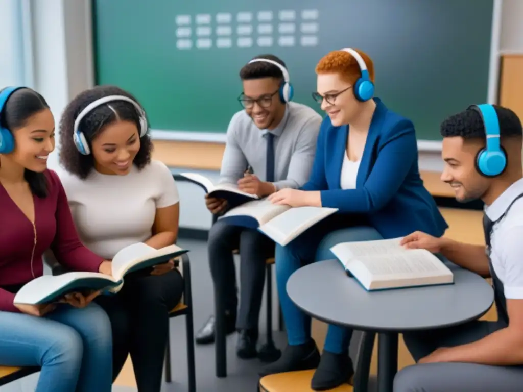 Un aula inclusiva con estudiantes de diversas habilidades y fondos, participando en una discusión