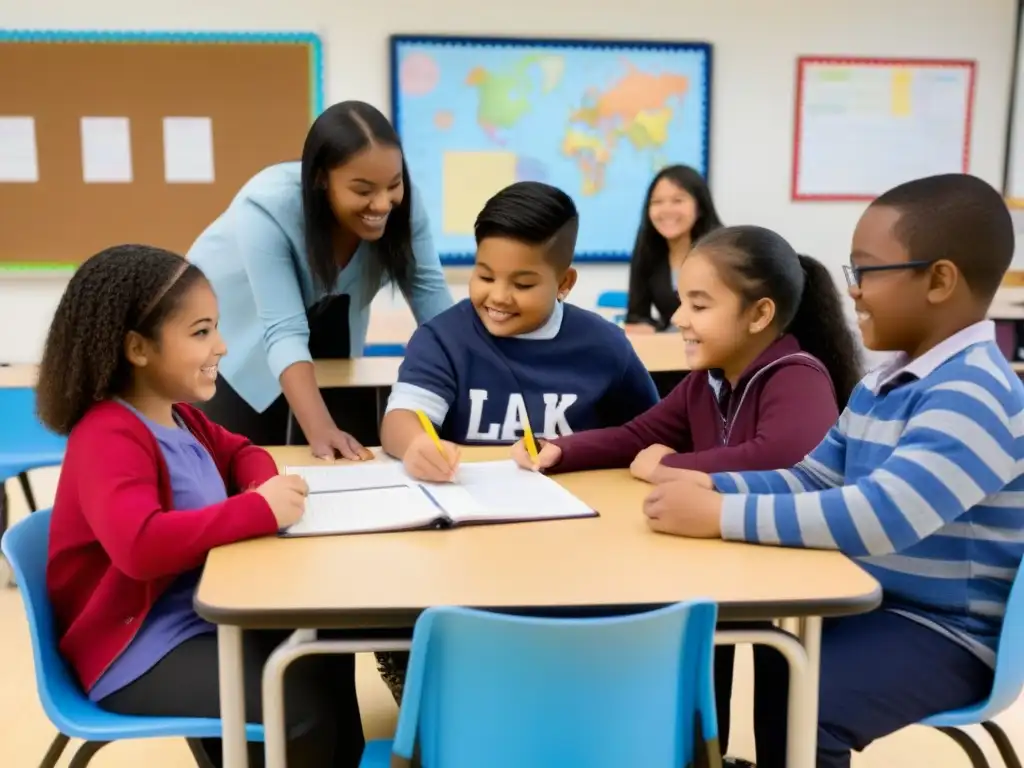 Un aula inclusiva con estudiantes de diversas habilidades y discapacidades colaborando juntos en una actividad de aprendizaje