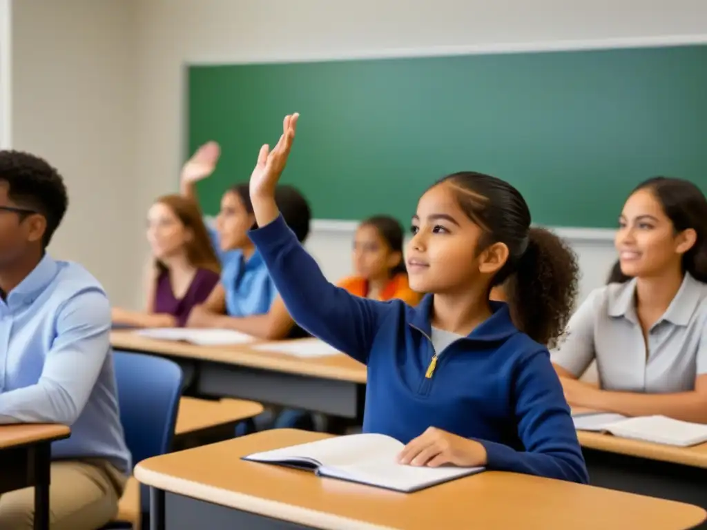 Un aula inclusiva con estudiantes diversos aprendiendo juntos, destacando un estudiante hispano levantando la mano para participar