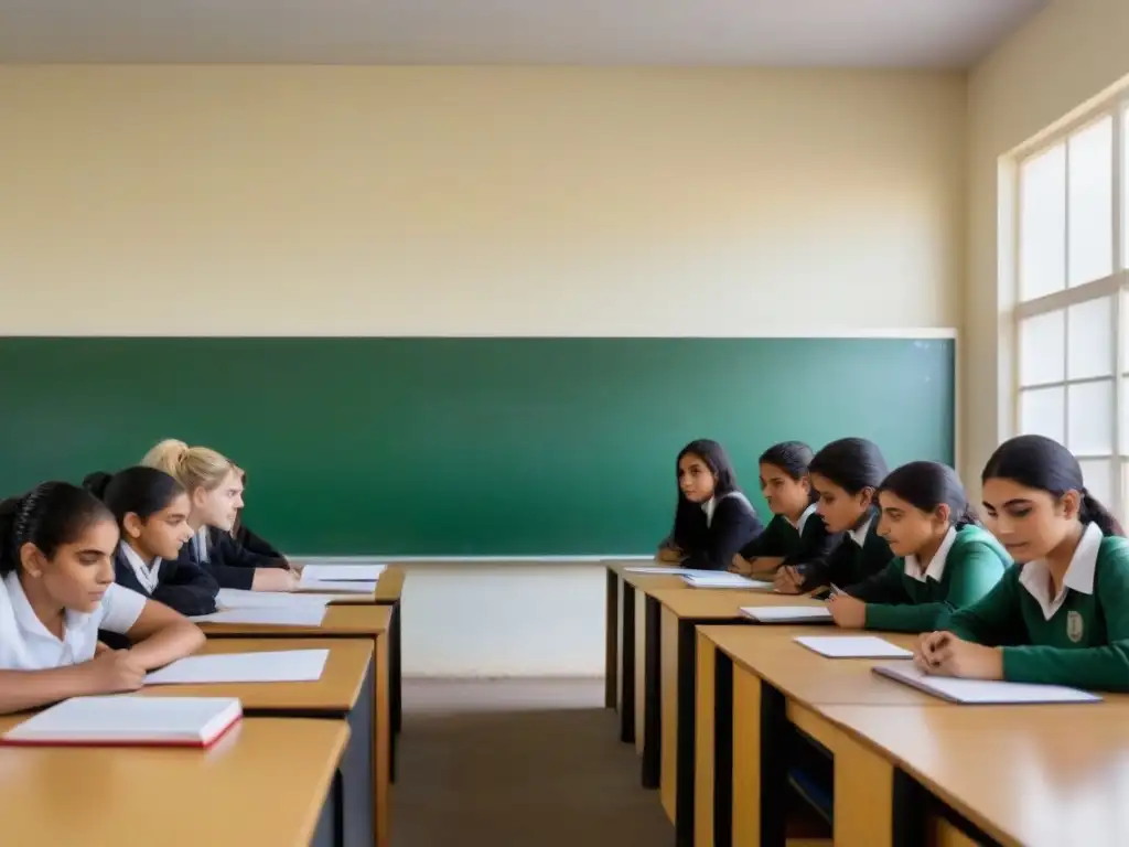 Un aula inclusiva en Uruguay, con estudiantes diversos colaborando en un proyecto