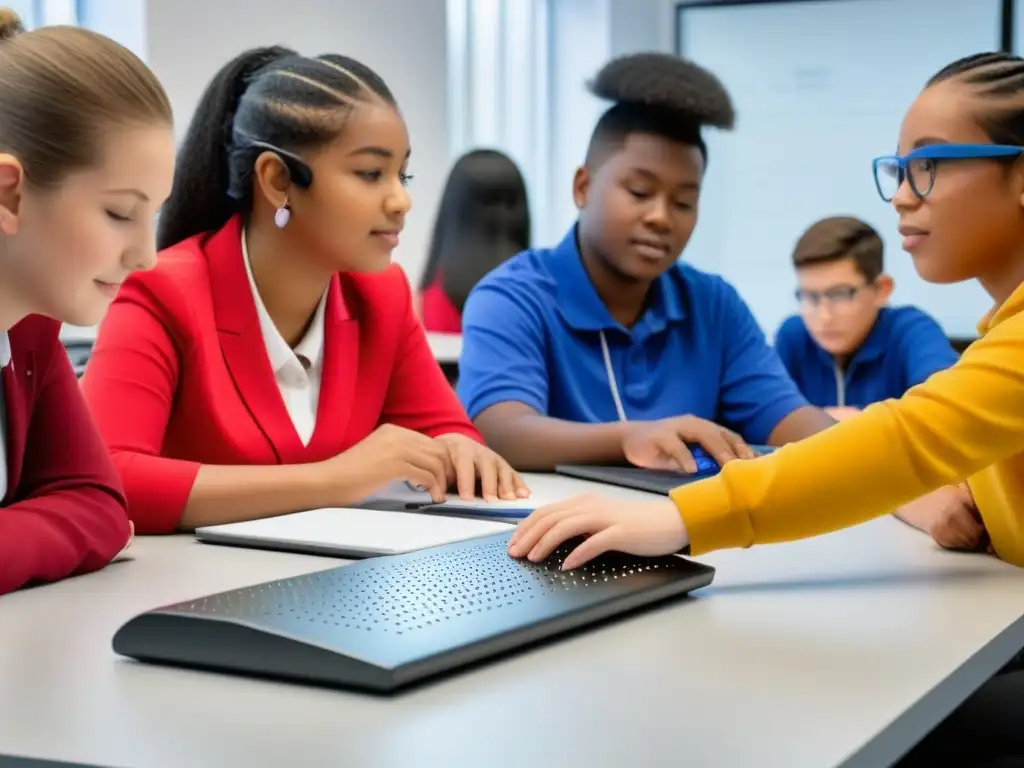 Un aula inclusiva con estudiantes usando tecnologías emergentes en educación inclusiva