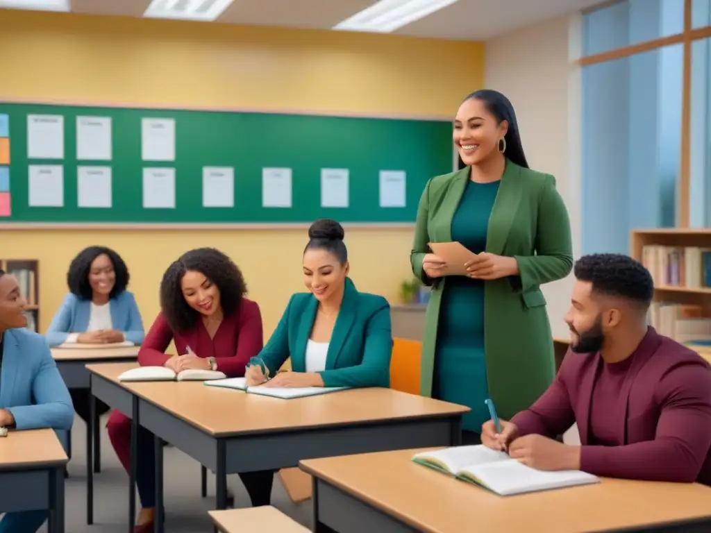 Un aula inclusiva en Uruguay que irradia inteligencia emocional, con estudiantes diversos y comprometidos trabajando en grupos