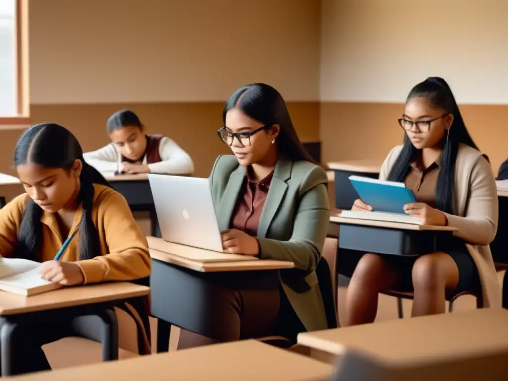 Un aula inclusiva con jóvenes indígenas, libros y laptops, simbolizando la equidad en educación secundaria