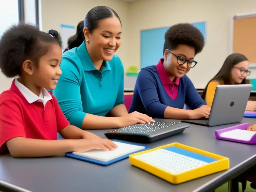 Un aula inclusiva con materiales educativos variados, alumnos de diferentes edades y etnias, y un profesor guía