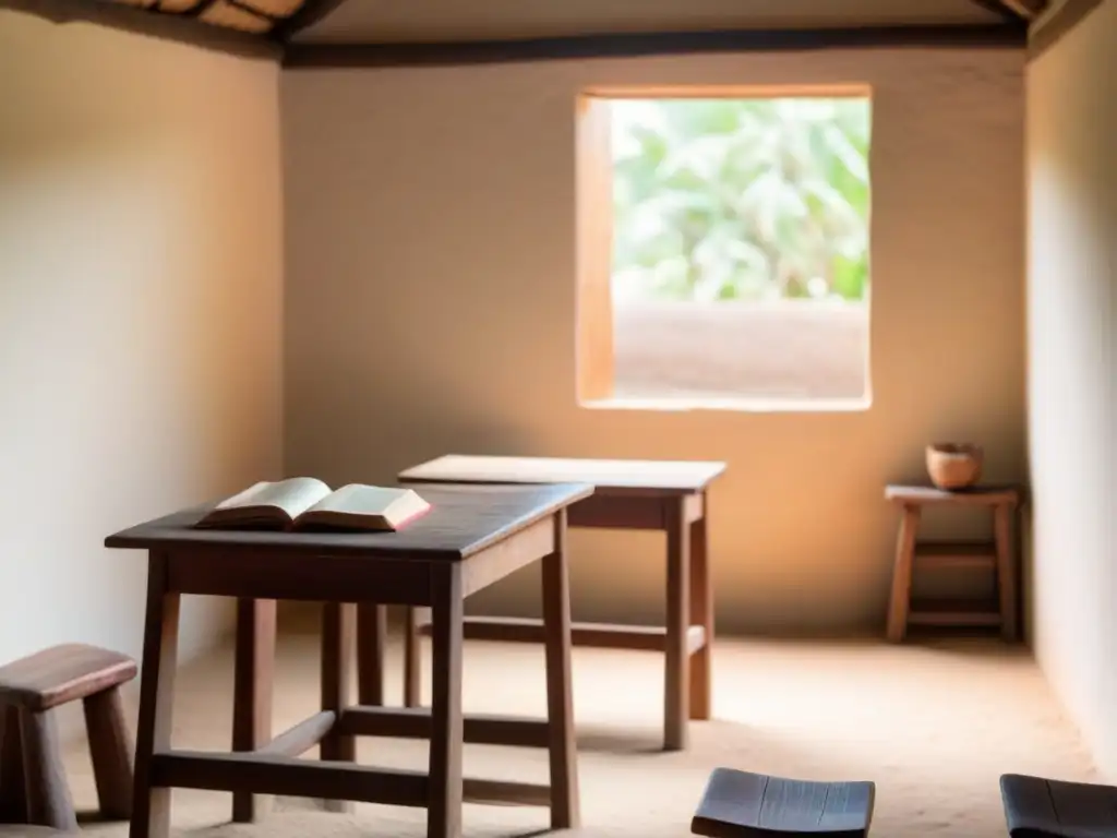 Aula indígena serena: tradición y conocimiento Un aula indígena tranquila y minimalista con una pequeña mesa de madera rústica y libros abiertos, iluminada por luz natural
