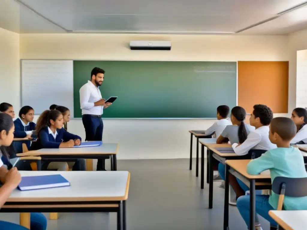 Una aula innovadora en Uruguay con tecnología educativa y estudiantes diversos colaborando activamente