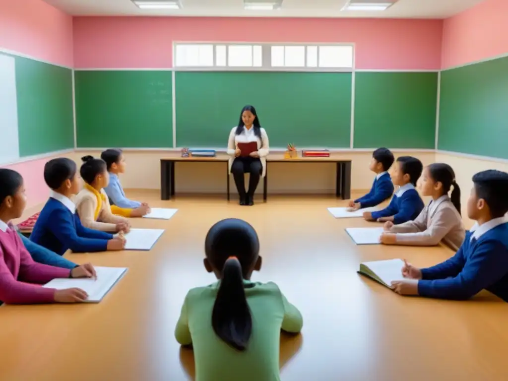 Un aula llena de luz natural, estudiantes diversos participan entusiastas en una lección de idiomas