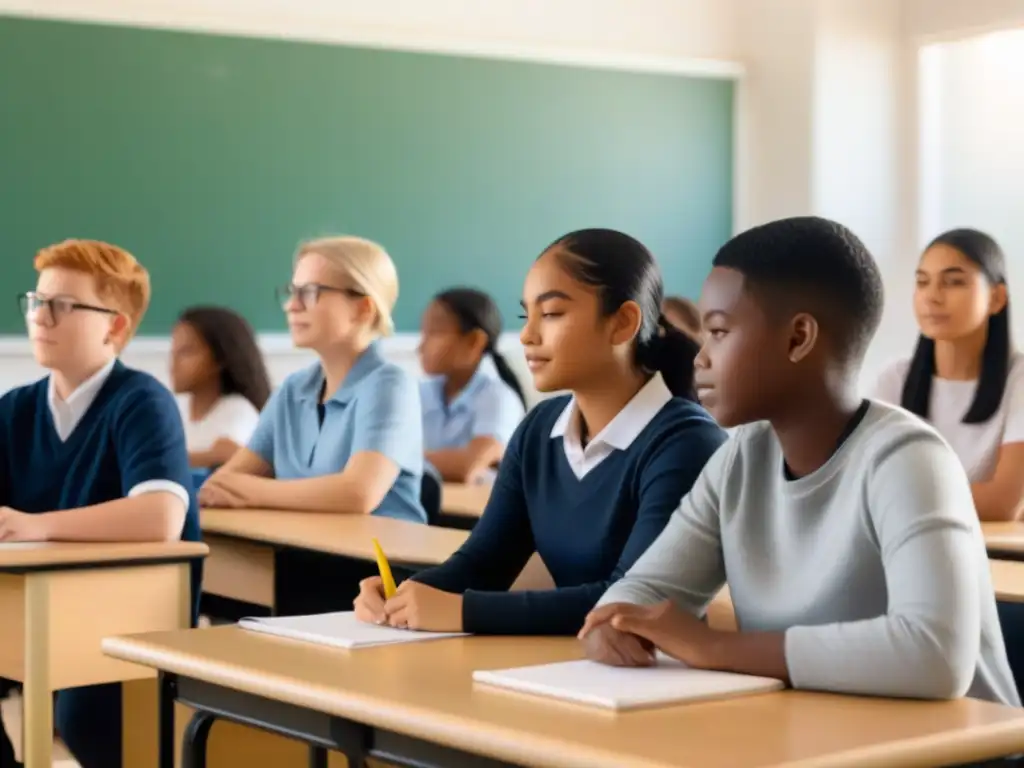 Un aula luminosa y acogedora con estudiantes diversos participando en una lección inclusiva