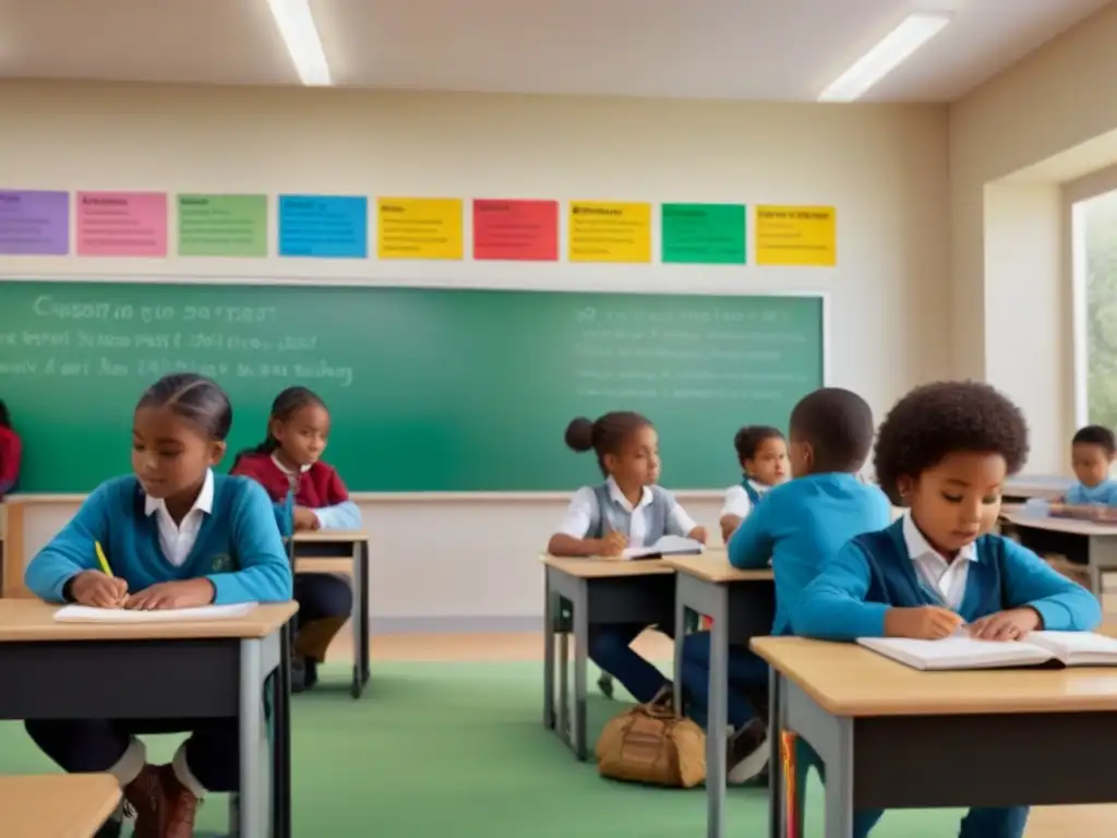 Un aula luminosa y acogedora con niños diversos concentrados en actividades educativas, fomentando el desarrollo cognitivo temprano en un ambiente inclusivo y armonioso