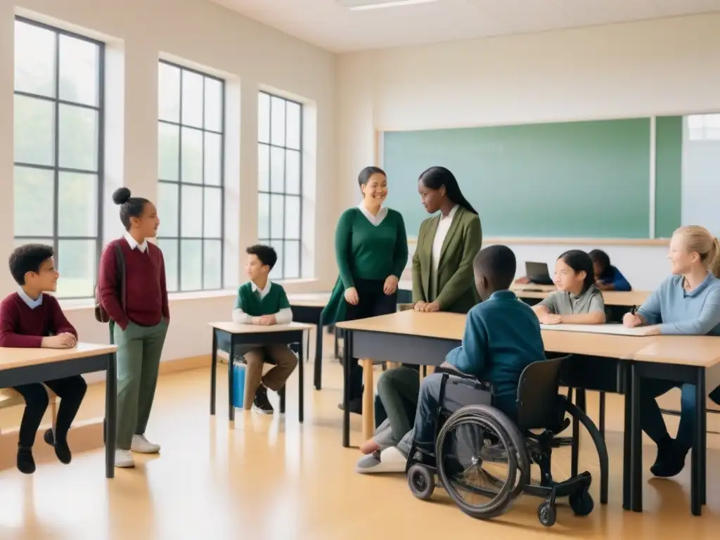 Un aula luminosa y espaciosa con estudiantes de diversas edades, géneros y habilidades participando en una actividad educativa colaborativa