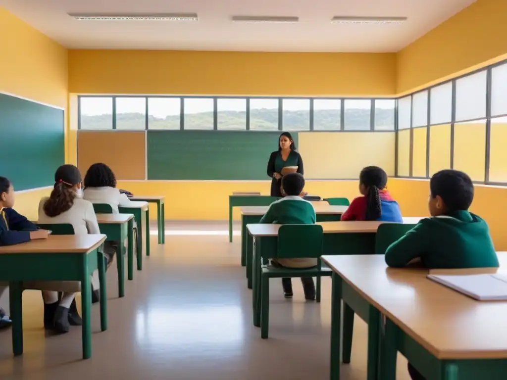 Un aula luminosa en Uruguay con estudiantes diversos participando en un programa bilingüe educativo