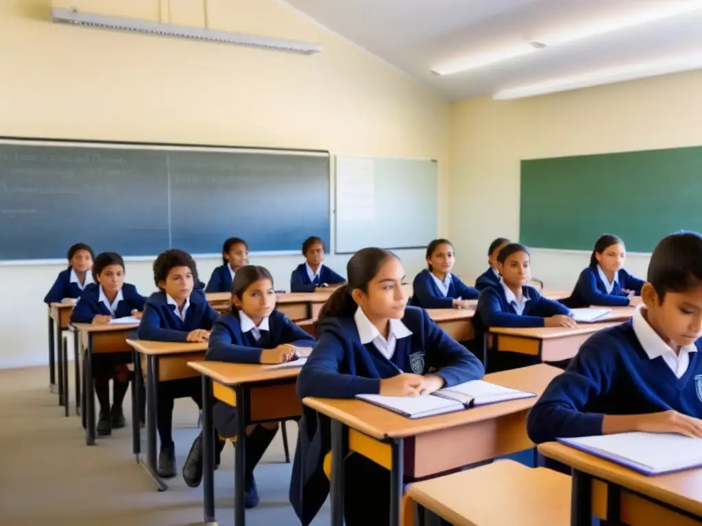 Un aula luminosa y moderna en Uruguay, docente usa tecnología con alumnos