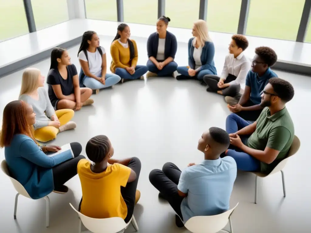 Un aula luminosa y moderna con estudiantes de diversas edades y orígenes, colaborando en armonía