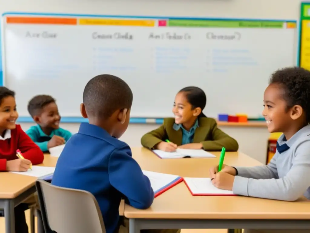 Un aula luminosa con niños diversos aprendiendo sobre educación financiera en programas educativos para enseñanza financiera